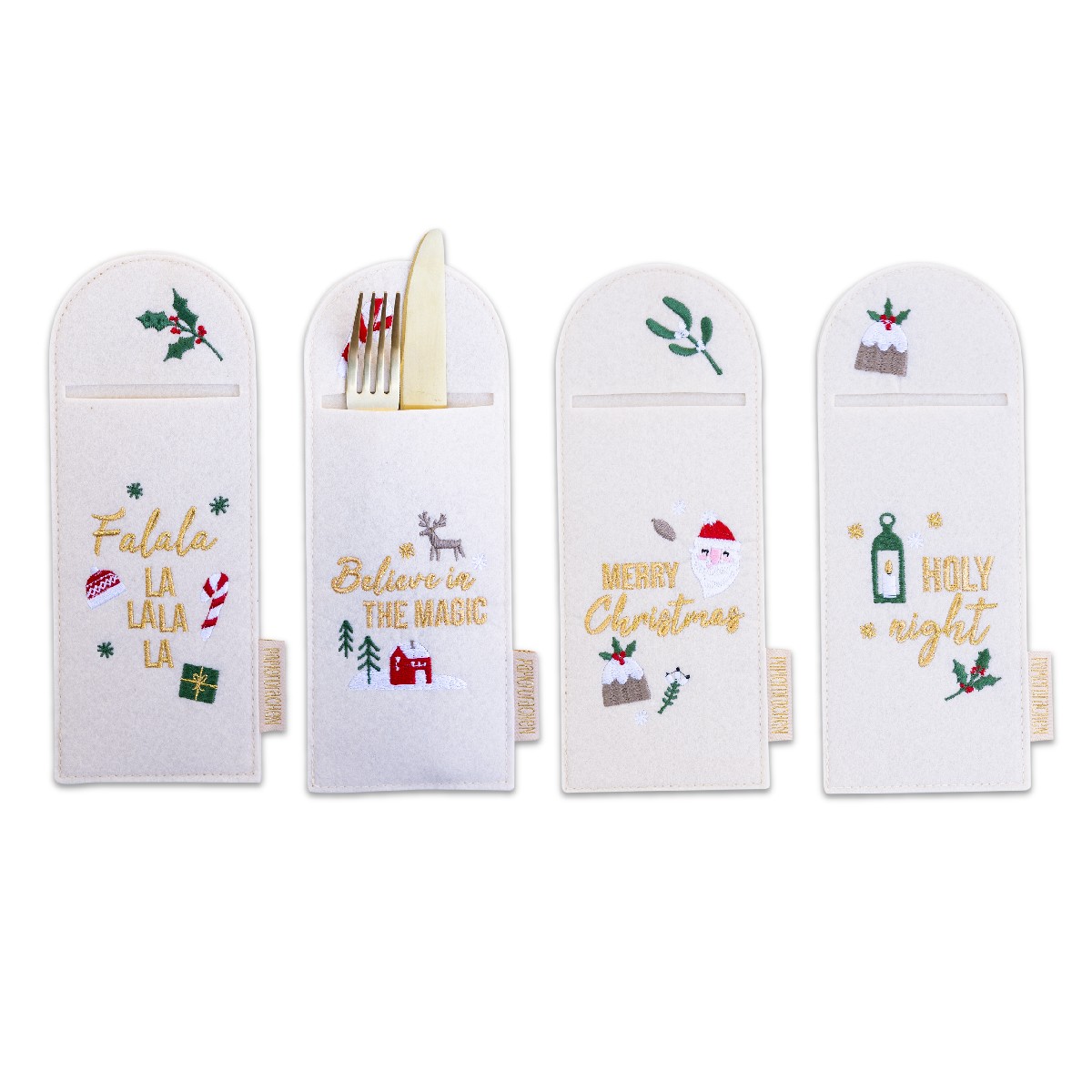 4 Bestecktaschen mit Bestickung zu Weihnachten- Beige