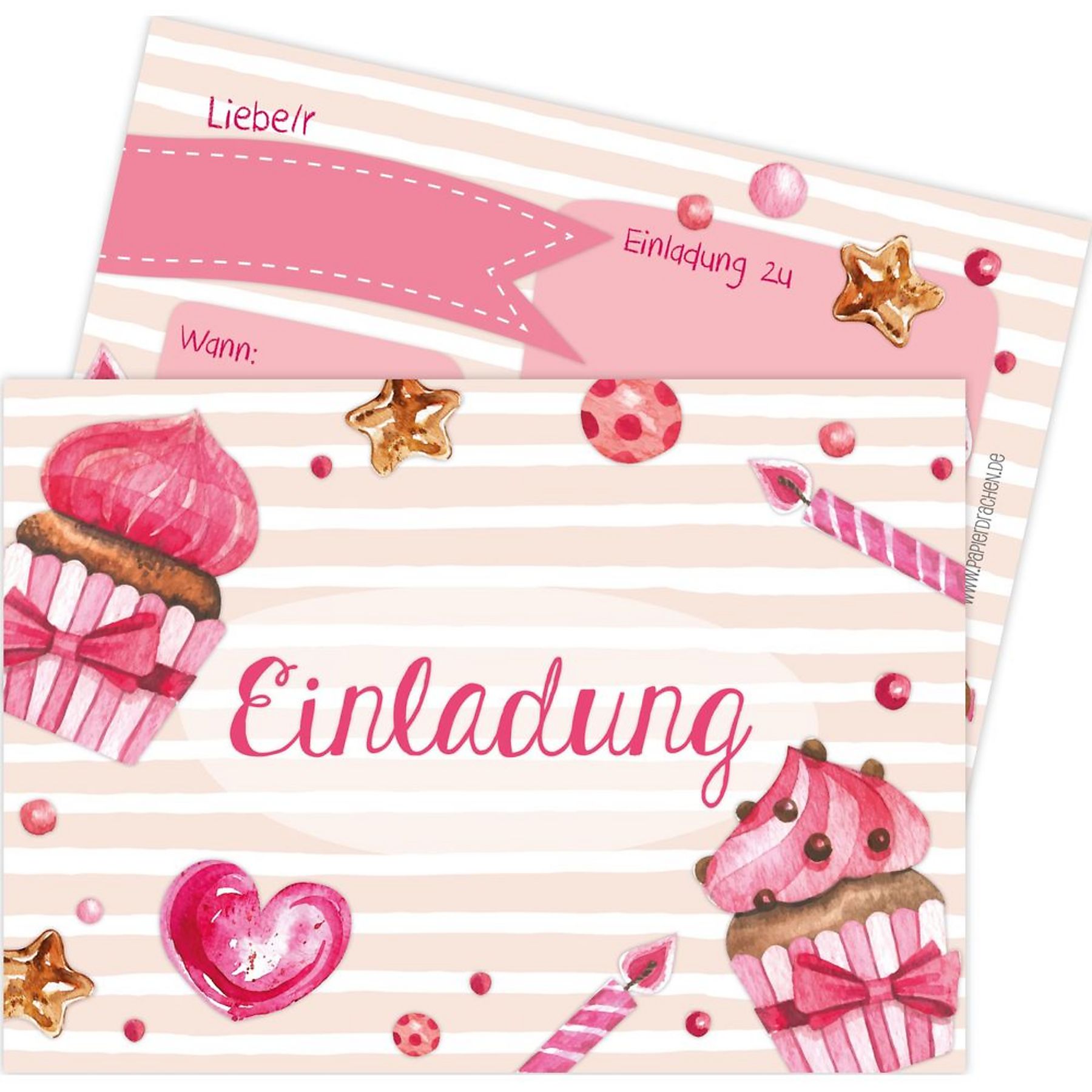 12 Einladungskarten zum Geburtstag für Mädchen - rosa Törtch