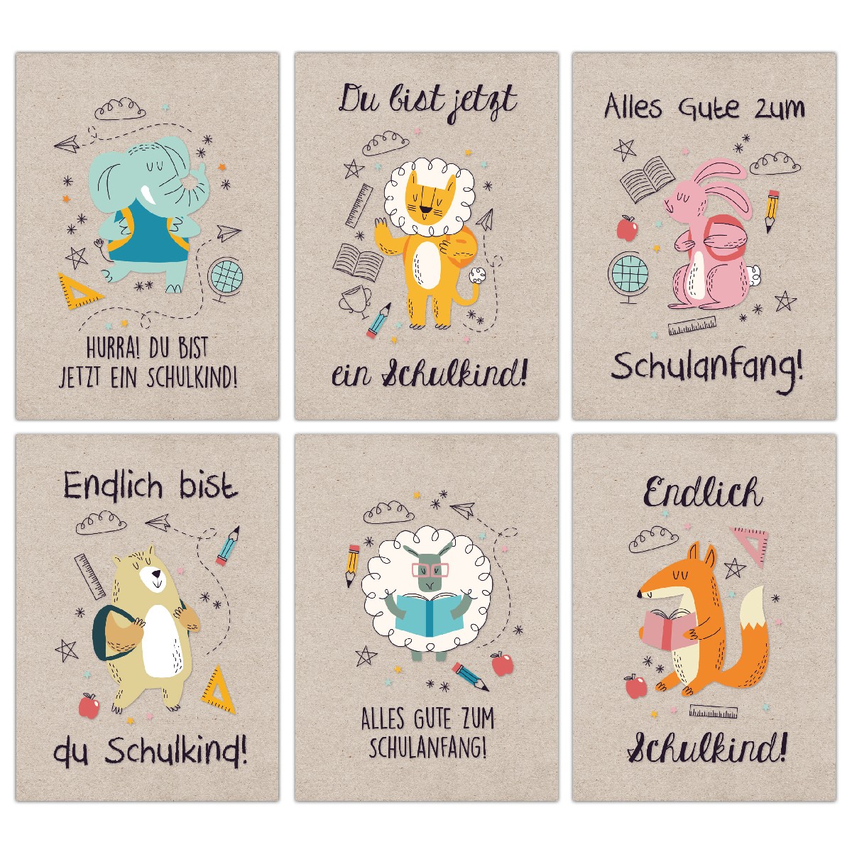 12 Glückwunschkarten zur Einschulung - Packpapier Tiere