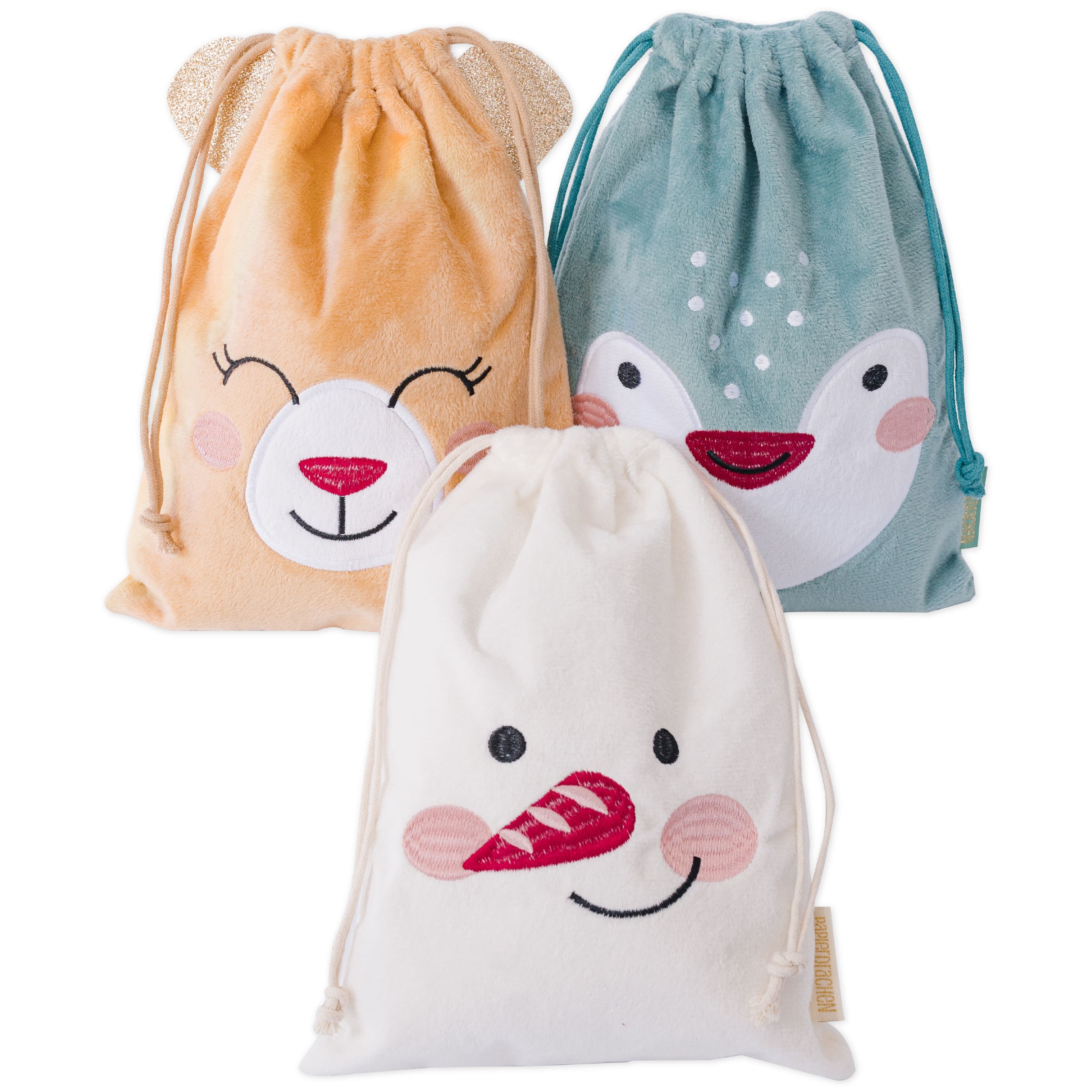3 Geschenkbeutel - Bär, Schneemann, Pinguin
