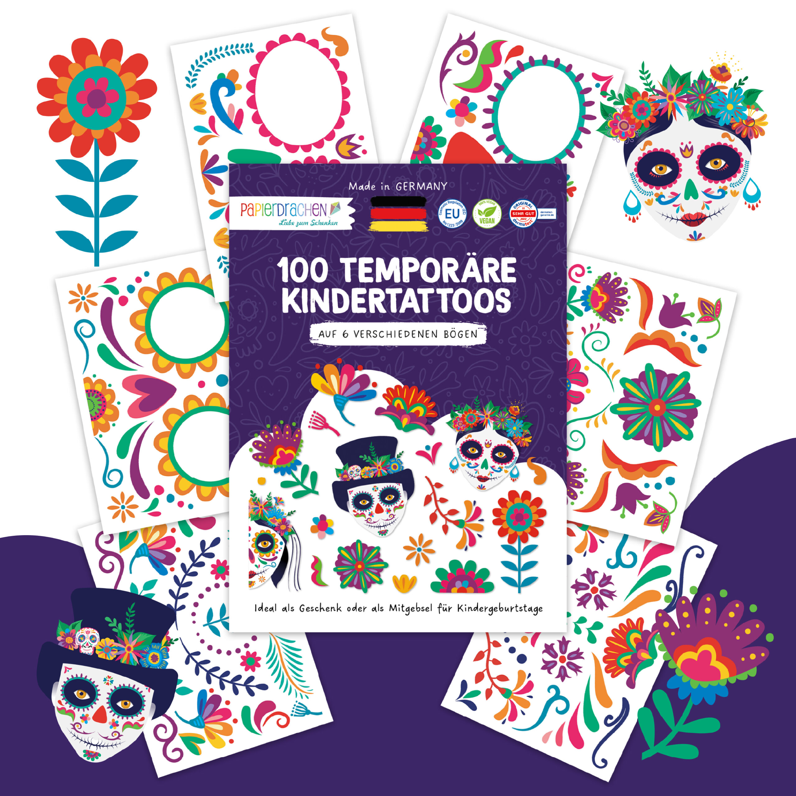 6 Kindertattoos - Gesichts Tattoos für Día de Muertos