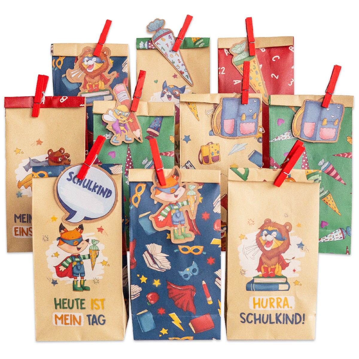 12 Geschenktüten mit Anhängern zur Einschulung Superhelden T
