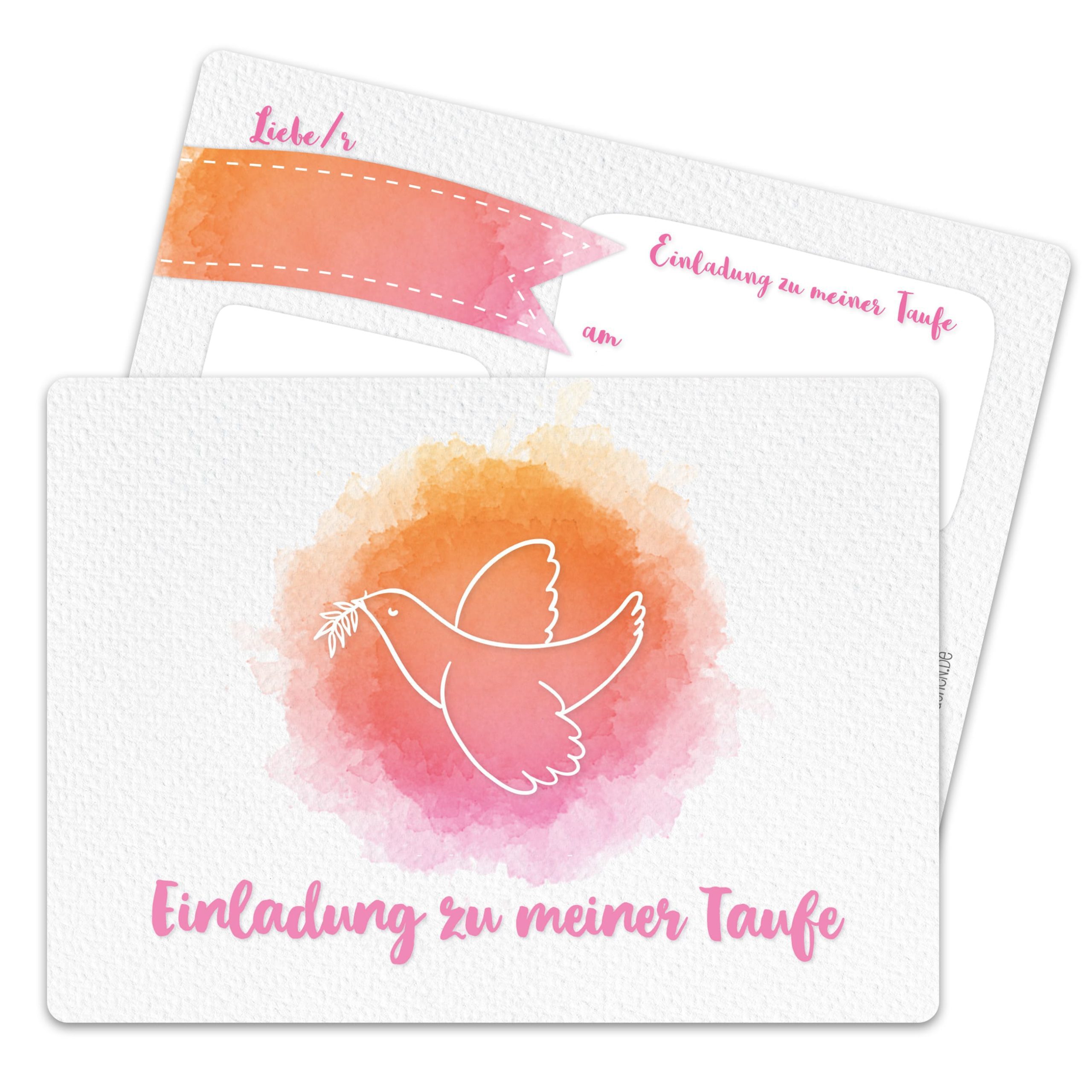 12 Einladungskarten zur Taufe - Taube aquarell rosa