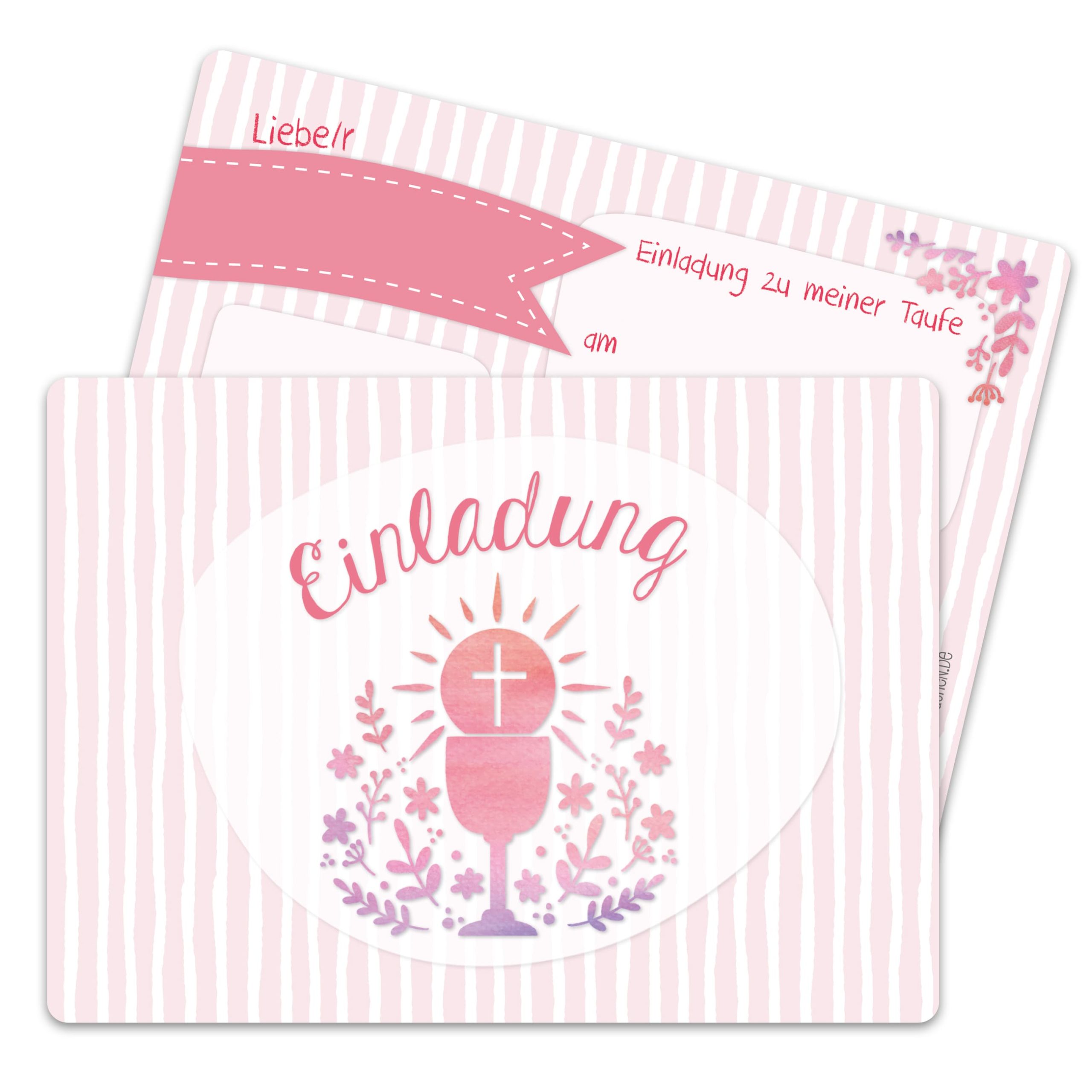 12 Einladungskarten zur Taufe - Kelch und Blumen rosa