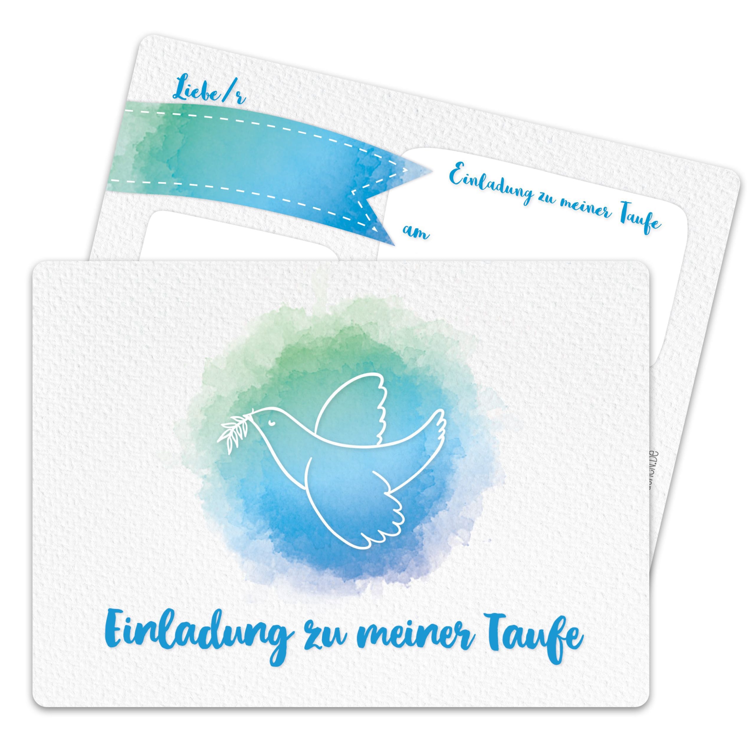 12 Einladungskarten zur Taufe - Taube aquarell blau