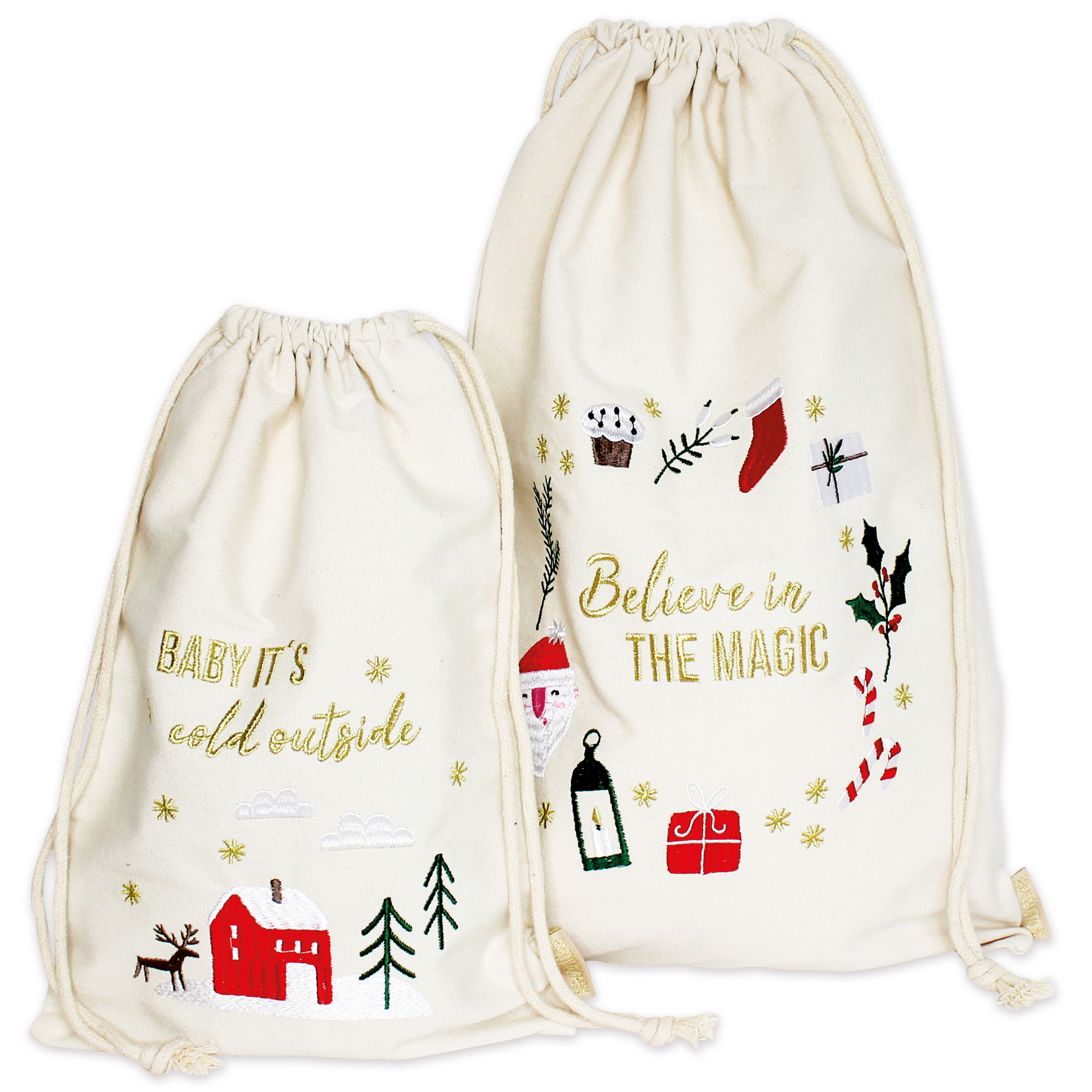 2 Geschenksäckchen zu Weihnachten - Cremefarben bunt