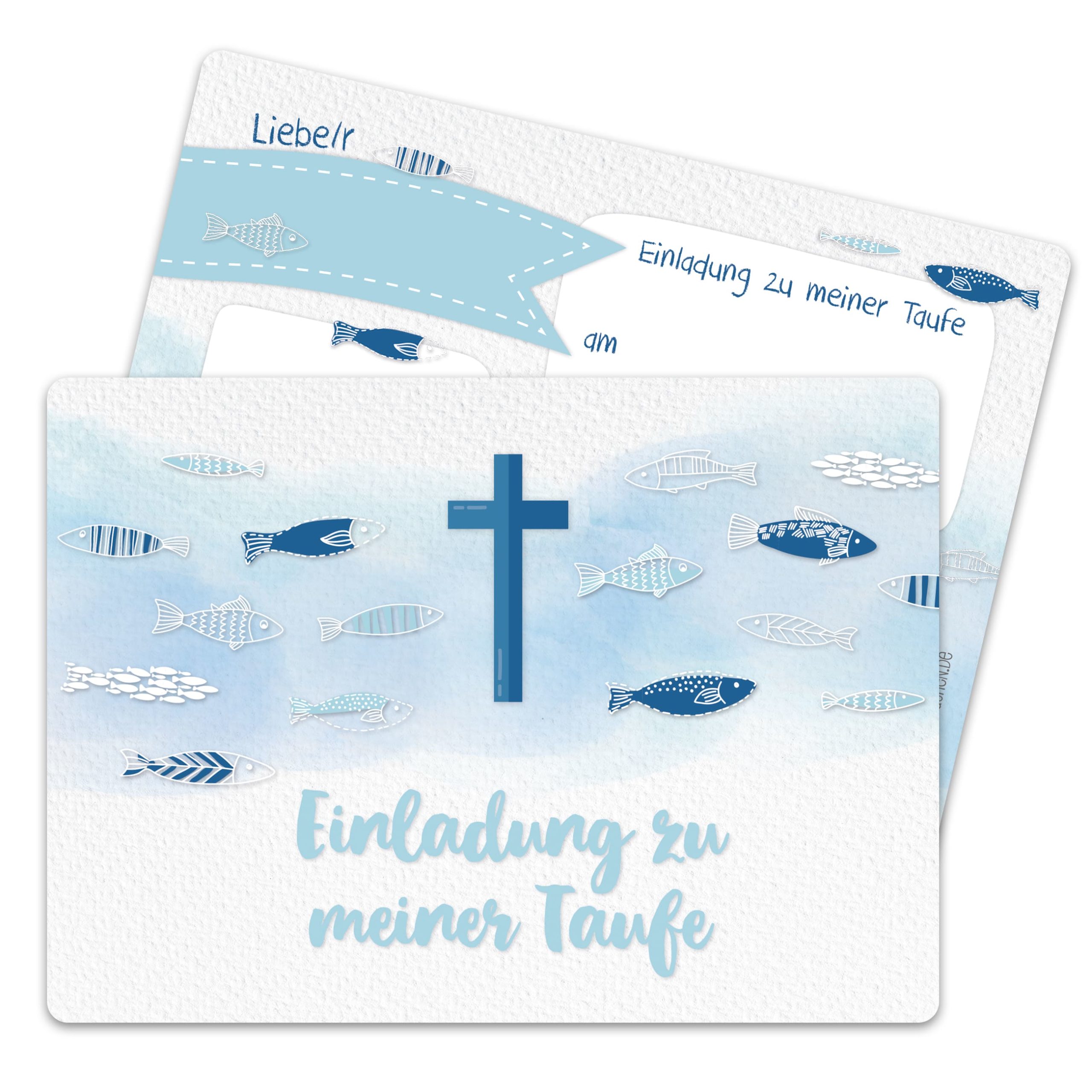 12 Einladungskarten zur Taufe - Kreuz und Fische