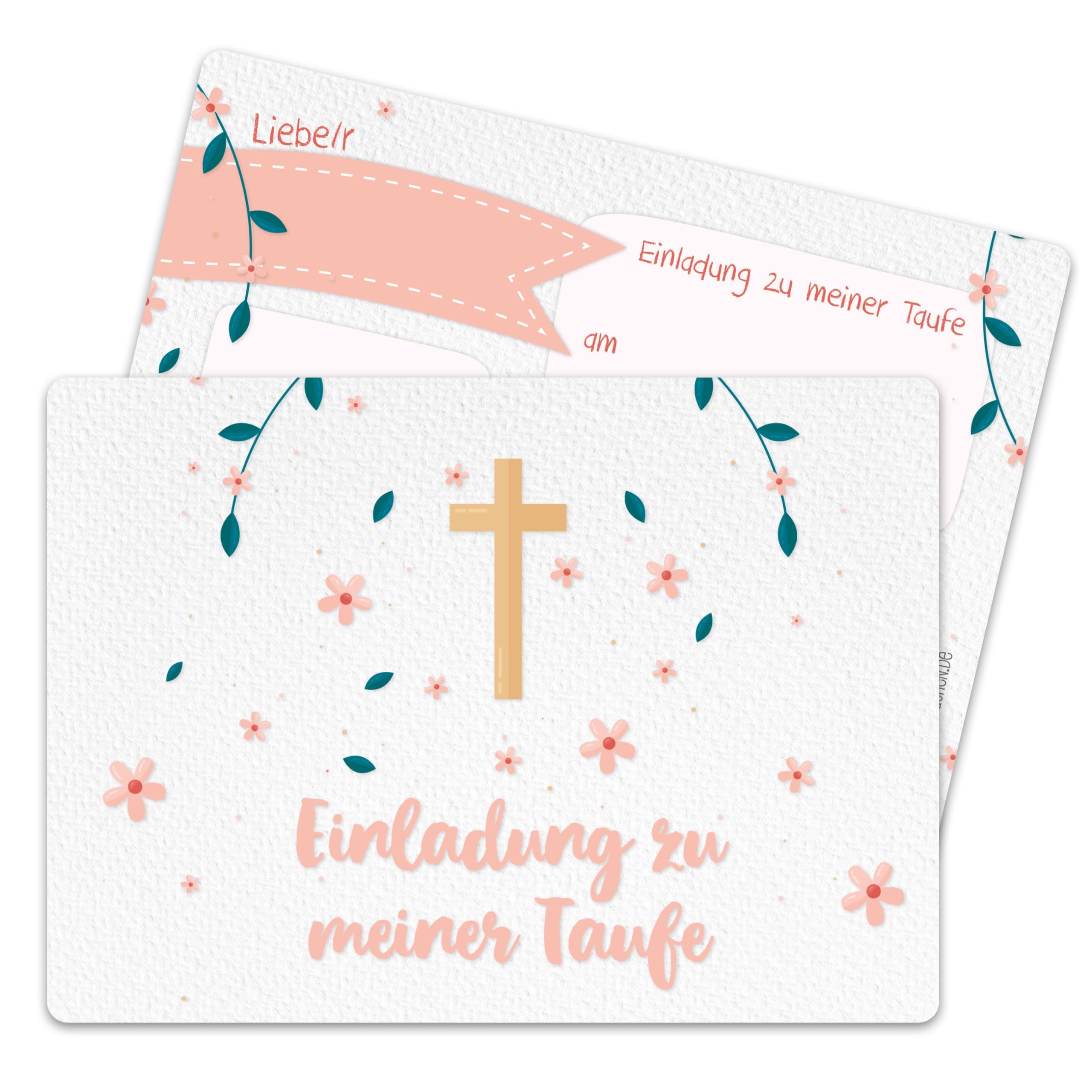 12 Einladungskarten zur Taufe - Kreuz und Blumen