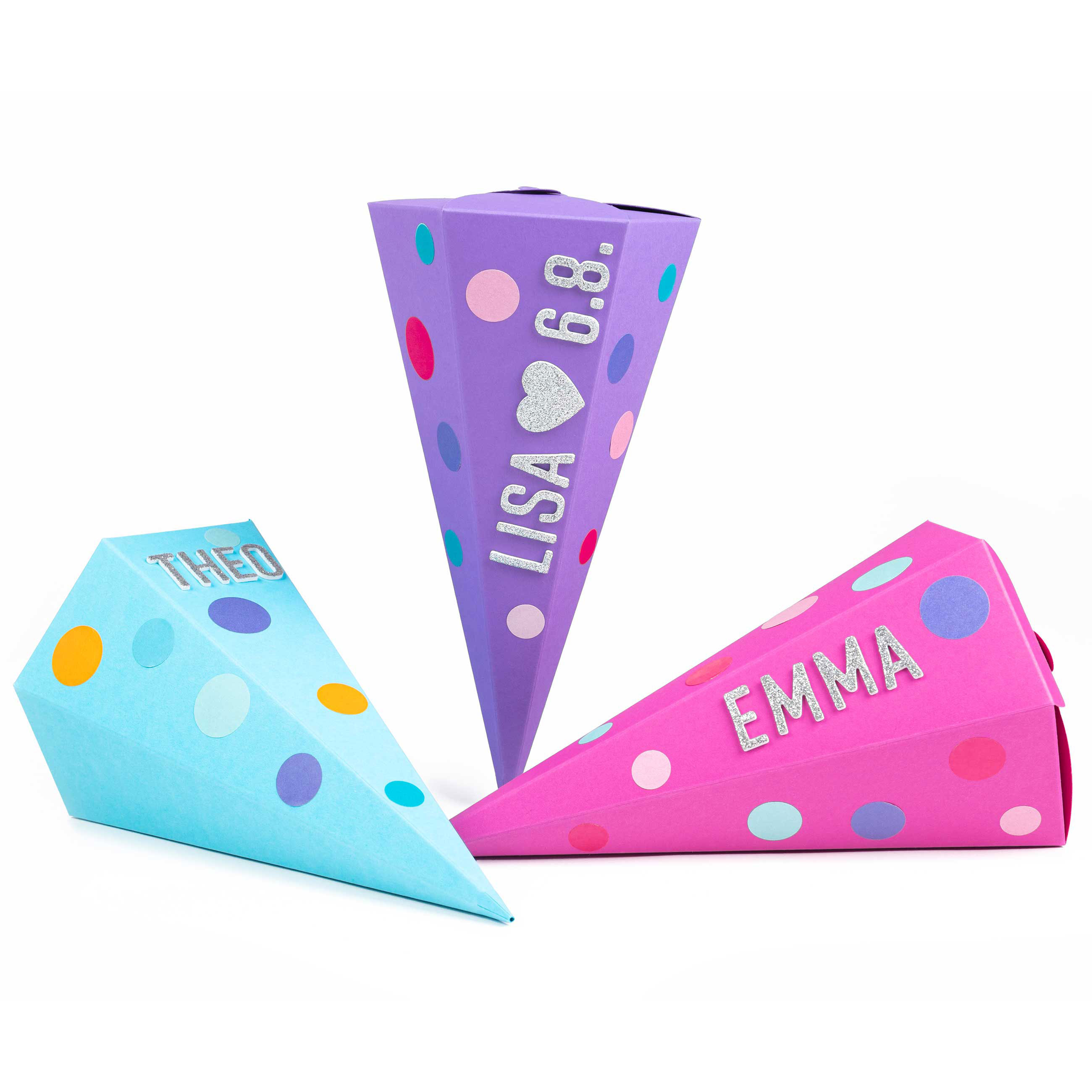 3 Geschwister-Schultüten - Türkis, Lila &amp; Pink