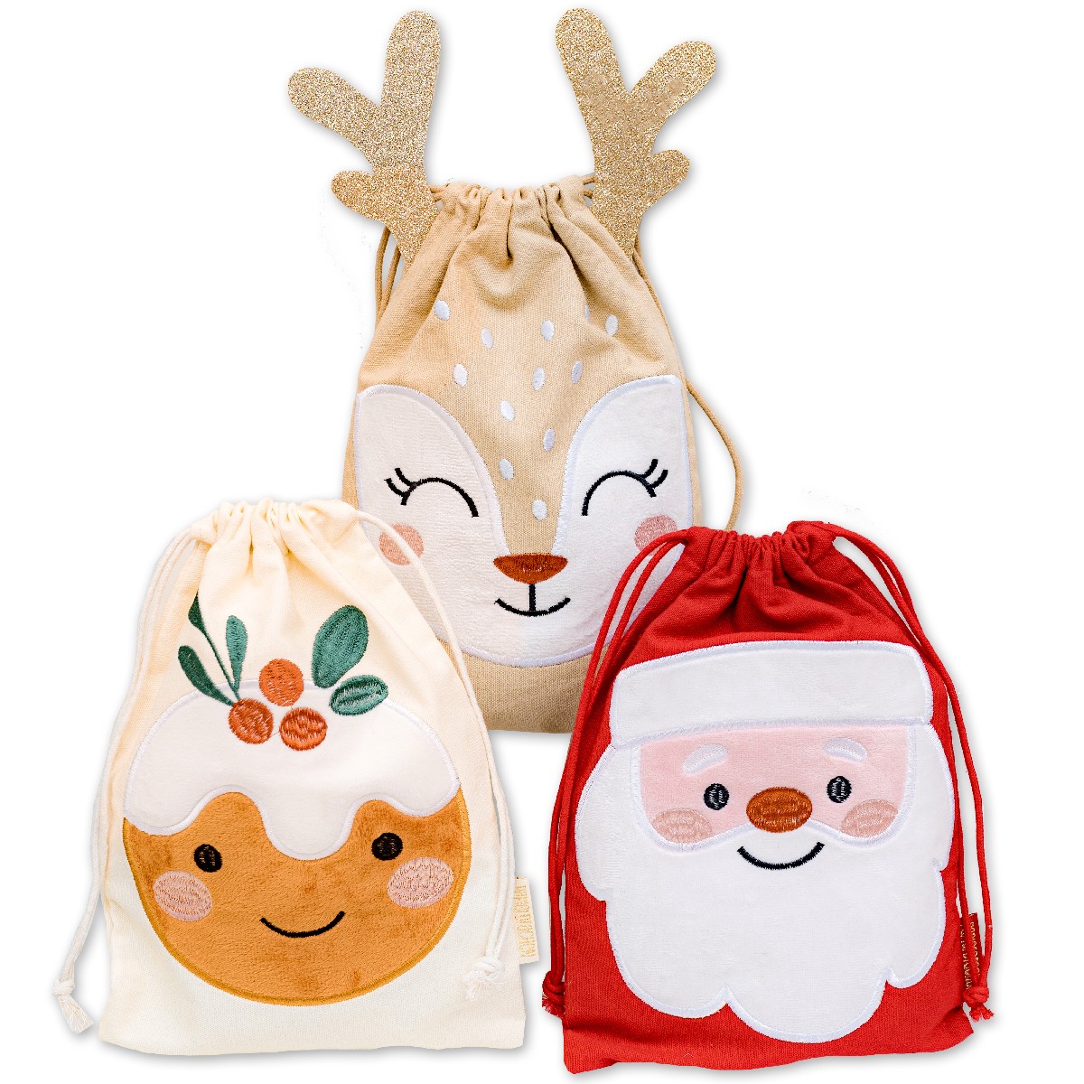 3 Geschenksäcke Weihnachtshelfer Rentier, Weihnachtsmann, Le