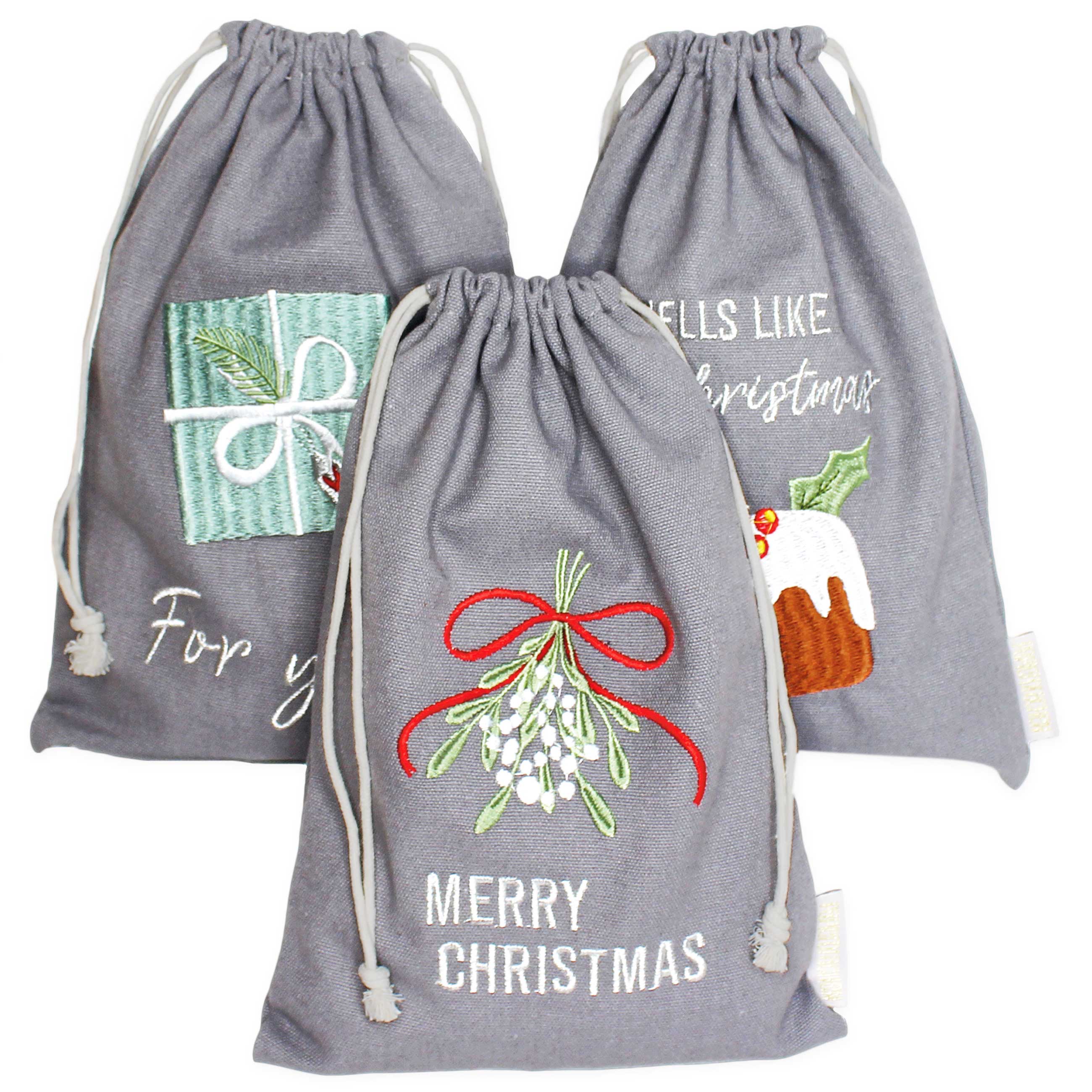 3 Geschenksäckchen zu Weihnachten - Blau Grau